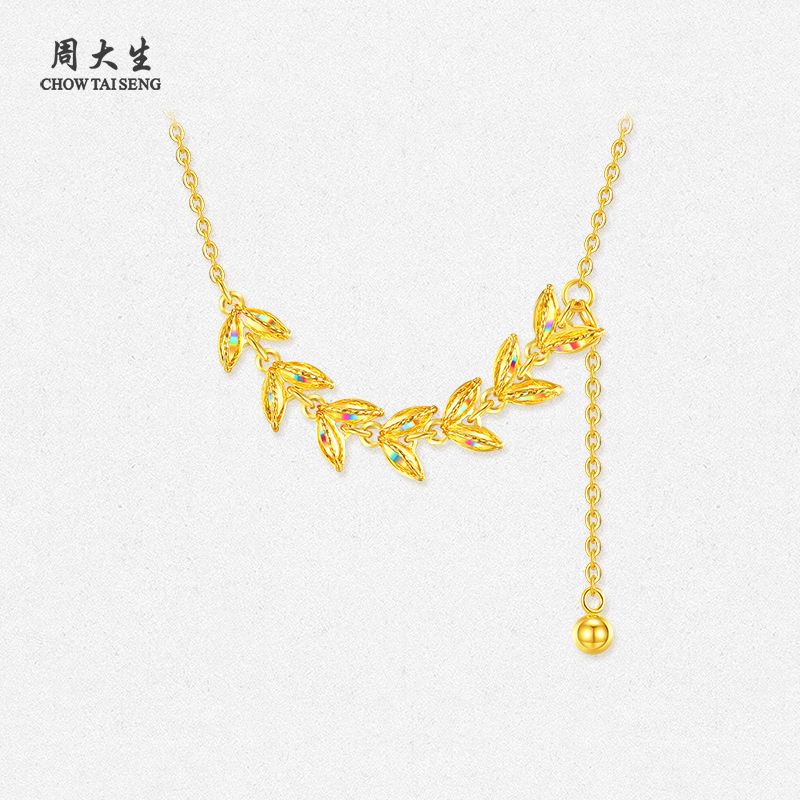周大生黄金麦穗项链女款5G足金风吹麦浪套链爆闪麦穗送女朋友礼物