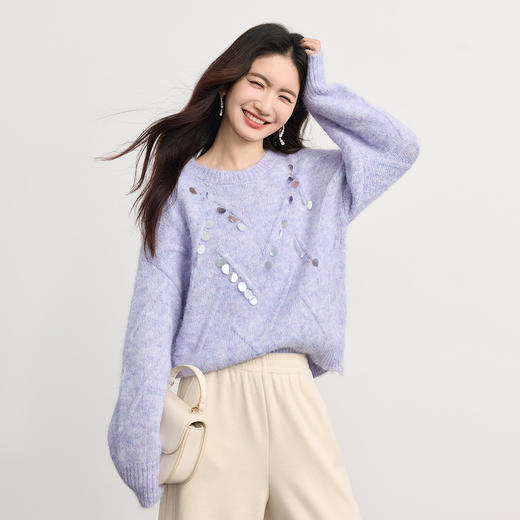 【年货节】熙世界手工亮片紫色毛衣慵懒高级感冬季女装圆领宽松落肩袖针织衫 商品图3