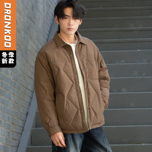 DRONKOO 2025 冬季翻领左贴袋菱形格绗缝衬衫型短款中厚羽绒服 商品图0