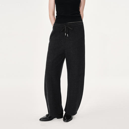 NUTH深灰色羊毛混纺松紧腰抽绳直筒休闲裤女 商品图3