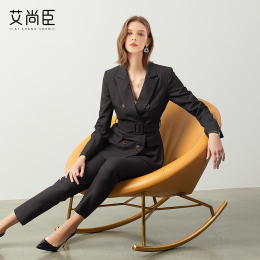 艾尚臣复古棕色西装套装女秋冬高级感通勤条纹职业装管理层工作服 商品图1