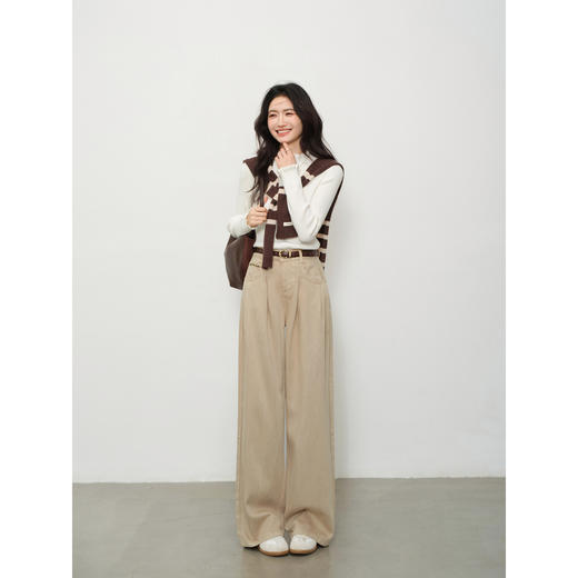 鹿向南「步履生花」高腰卡其牛仔裤女秋装宽松阔腿裤复古直筒长裤 商品图2