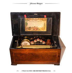 独角鹿西洋古董 19世纪瑞士出品古典花叶主题细木镶嵌外箱配铃铛响鼓滚轴式音乐盒