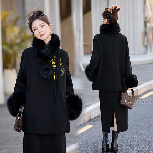 HR ZMFS25915国风呢子大衣新中式绣花双面呢毛呢外套配毛领 商品图2