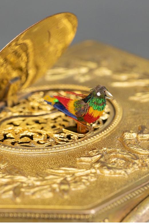 独角鹿西洋古董 20世纪中期德国著名工坊Karl Griesbaum出品花叶主题铜鎏金精雕装饰钟表鸣鸟音乐盒 商品图5