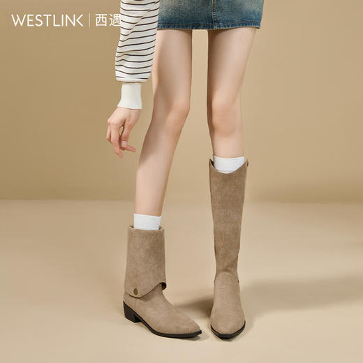 西遇西部牛仔靴女新款秋冬两穿翻筒显瘦堆堆靴尖头粗跟长筒靴V2257247 商品图1