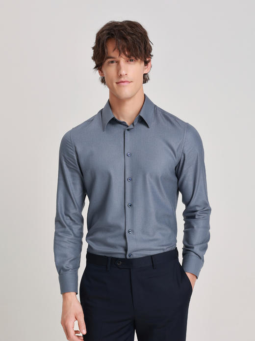 callisto星空蓝莫代尔羊毛意式领长袖衬衫 商品图2