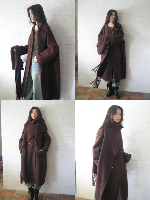 素舶 绵羊毛圆领茧型流苏针织围巾长款双面呢大衣 商品图1