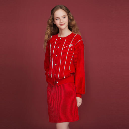 笛莎Deesha 童装女童套装2025冬新款新年毛织开衫半裙套装 商品图1