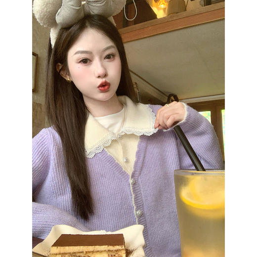 【189元任选2件】现货！紫色拼接杏色翻领毛衣开衫 商品图11