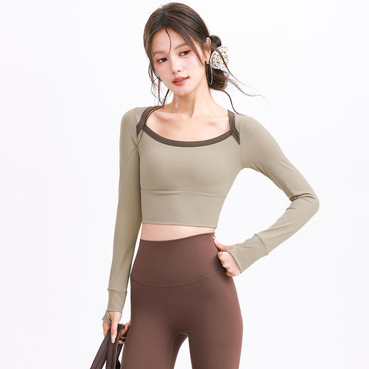 跃牌【禅语梵心】裸感撞色微笑领瑜伽服长袖半固定杯跑步修身运动文胸健身服上衣CX5697 商品图2