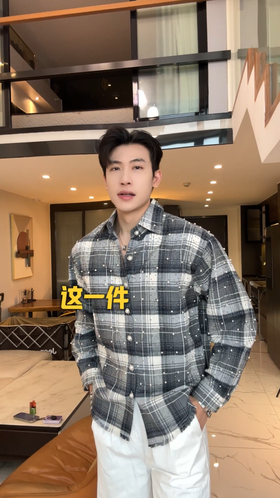 SDSA秋冬新款痞帅男装撞色烫钻珠子长袖衬衫百搭宽松格纹时尚上衣