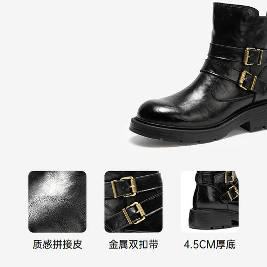 千百度厚底西部牛仔靴女加绒保暖增高时装靴超火短靴A25525012 商品图3