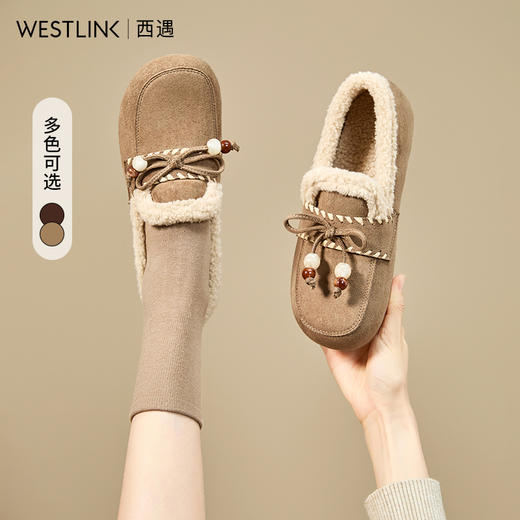 西遇加绒勃肯鞋女新款冬季复古一脚蹬外穿保暖棉鞋毛毛乐福鞋V2257289 商品图0