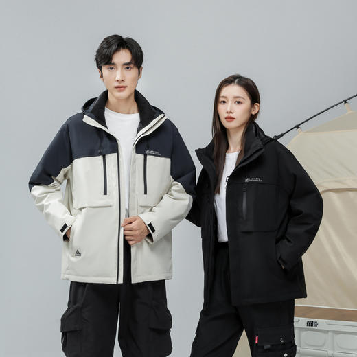 半身缘男女装 冬季一衣三穿三防面料情侣款户外脱卸连帽拼色羽绒服2536 商品图0