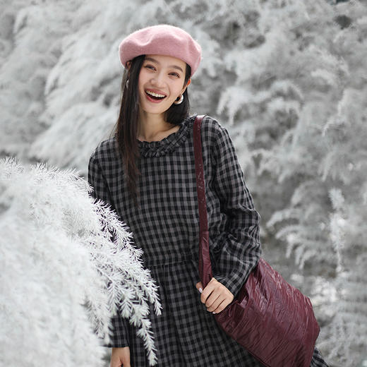 特绽放728朵/影格·色织亚麻格纹花边领腰部系带收腰长袖连衣裙女 商品图1