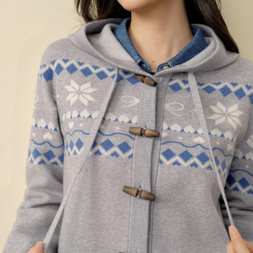 【严选】诗凡黎费尔岛提花连帽毛衣外套2025冬新款慵懒减龄撞色针织开衫女7GA333191 商品图3