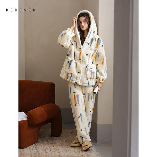 可人儿原创冬季舒棉绒女士连帽睡衣加厚保暖可外穿珊瑚绒家居服 商品图2