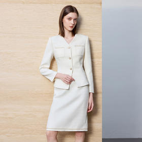IWY/秋冬长袖职业西装套裙女米白色肌理感小香风西服半裙CS2476