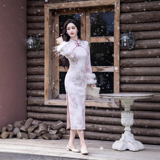 时尚改良年轻款清荷绒长袖旗袍新款日常可穿修身旗袍SYK396135 商品图2