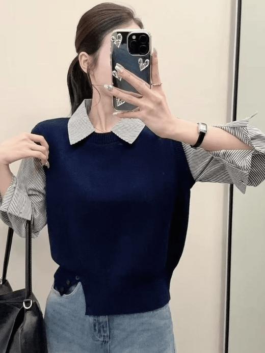 百蓝茵高级感假两件马甲拼接衬衣领下摆开扣长袖上衣女装气质毛衣针织衫★ 商品图3