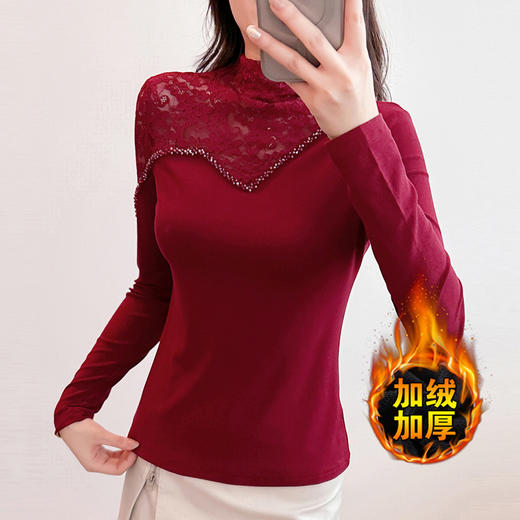 KQL 359H8361加厚磨毛蕾丝拼接半高领t恤修身打底衫 商品图2