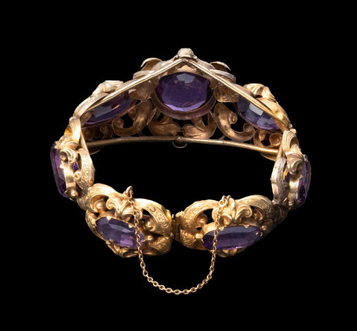 独角鹿西洋古董1850-1870年代欧洲出品古典卷叶花卉纹14K黄金精雕镶嵌紫水晶手镯 商品图6