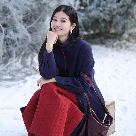绽放727朵/加厚亚麻绗棉落肩长袖开襟中长款棉服冬新中式棉衣外套 商品图1