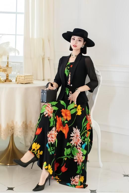 SZ3S82_朱柿色_连衣裙_春夏_圆领无袖收腰A字大摆长款彩色花卉_高级女装_BERNIEELEN 伯妮斯茵 商品图3