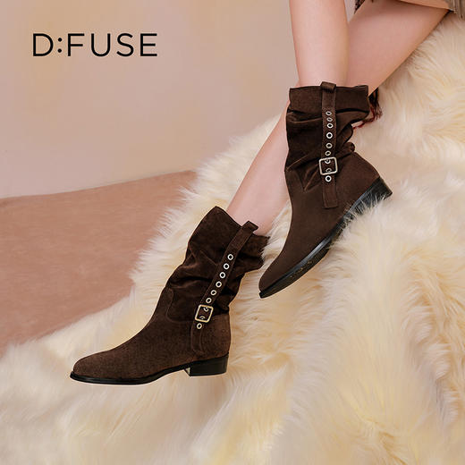 Dfuse迪芙斯2025冬季新款大地色中筒靴奢潮可调节堆堆西部靴女DFD4116040 商品图0