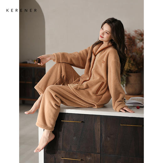 可人儿原创冬季羊羔绒女士睡衣韩系加厚保暖可外穿珊瑚绒家居服 商品图2