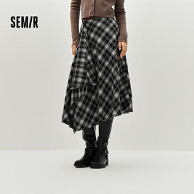 森马半身裙女冬磨毛格纹长裙2025新款甜酷个性设计感不规则A字裙