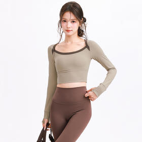 跃牌【禅语梵心】裸感撞色微笑领瑜伽服长袖半固定杯跑步修身运动文胸健身服上衣CX5697