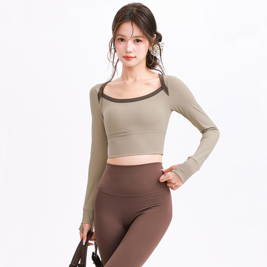 跃牌【禅语梵心】裸感撞色微笑领瑜伽服长袖半固定杯跑步修身运动文胸健身服上衣CX5697 商品图0
