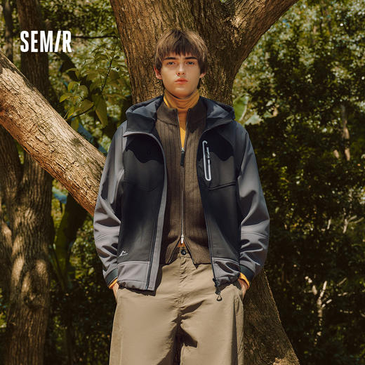森马夹克男冬季加绒宽松连帽外套2025新款户外骑行撞色上衣时尚潮 商品图1