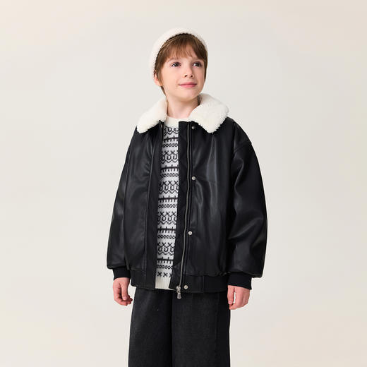 马克珍妮女童可拆卸毛领甜酷夹棉皮衣夹克2025年冬装新款551560 商品图1