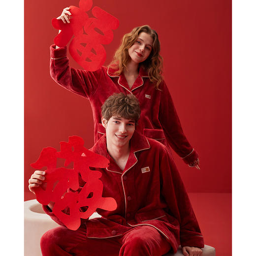 芬腾情侣睡衣秋冬季珊瑚绒套装女款加绒红色本命年结婚男士家居服 商品图2
