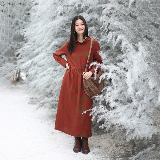 特绽放728朵/影格·色织亚麻格纹花边领腰部系带收腰长袖连衣裙女 商品图2