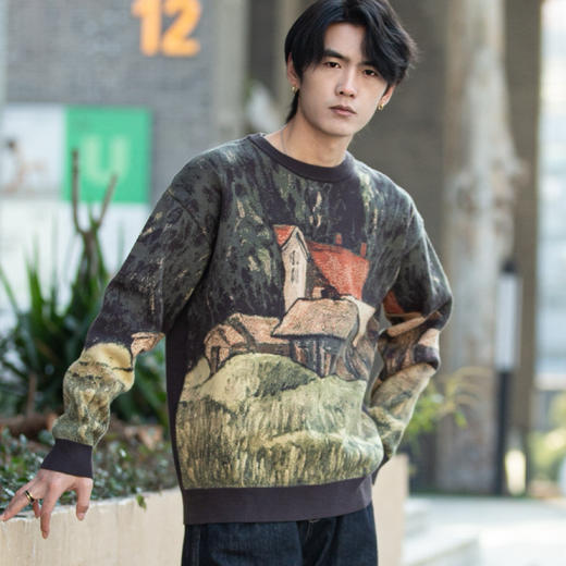 DRONKOO 2025 圆领满幅房屋田园风提花微阔厚毛衣 商品图3