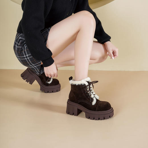 Westory2025年冬季绒面羊毛口厚底加绒马丁靴休闲系带帅气百搭短靴W25DS86331 商品图5
