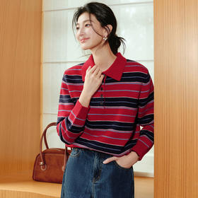 【严选】诗凡黎不规则撞色条纹Polo针织衫2025冬新款高智通勤显瘦长袖毛衣7GA433311