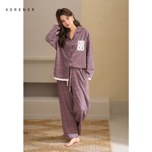 可人儿春秋季带胸垫奥力棉女士长袖长裤睡衣可外出纯棉家居服套装 商品图1