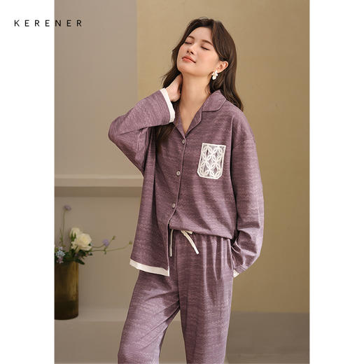 可人儿春秋季带胸垫奥力棉女士长袖长裤睡衣可外出纯棉家居服套装 商品图3