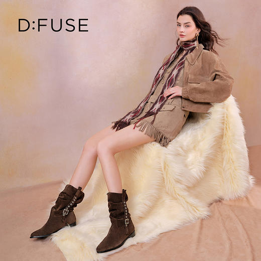 Dfuse迪芙斯2025冬季新款大地色中筒靴奢潮可调节堆堆西部靴女DFD4116040 商品图1