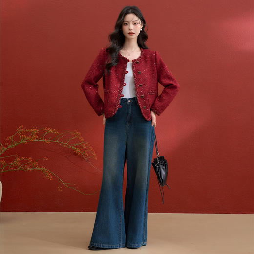 西遇复古鎏金红色小香风短款外套女冬季新款高级感粗花呢上衣V3655264 商品图1