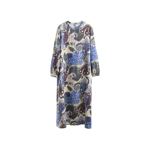 绽放764朵/新款文艺9*9雨露麻复古印花圆领秋冬百搭长袖连衣裙女 商品图4