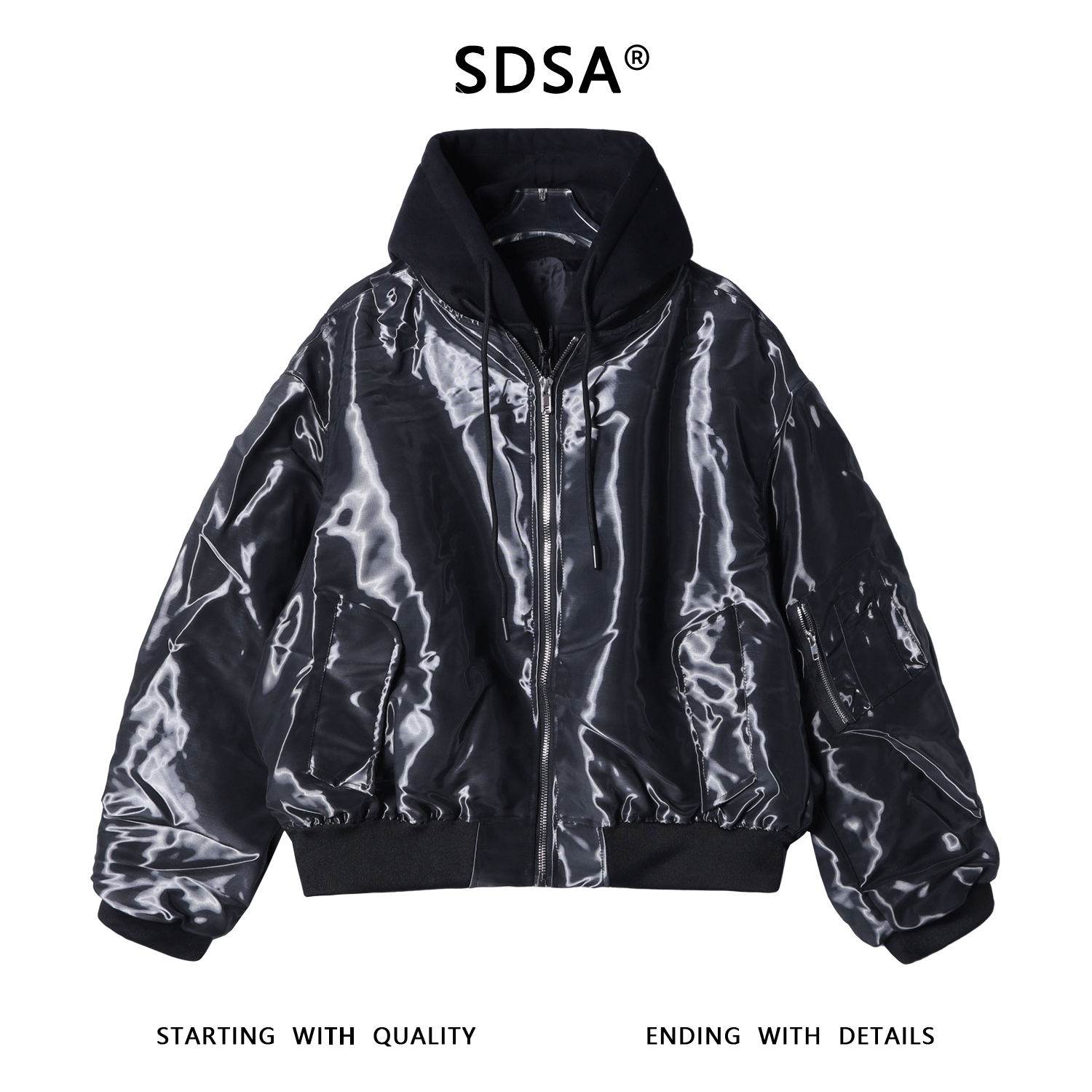 25188SDSA男士秋冬新款痞帅男装极简风纯色拉链拼接连帽假两件夹克外套