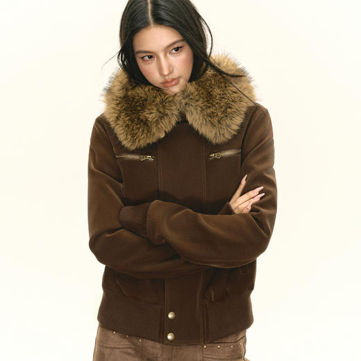 Ariseism 美式复古可脱卸毛领PU皮短外套女秋季新款外套 商品图1