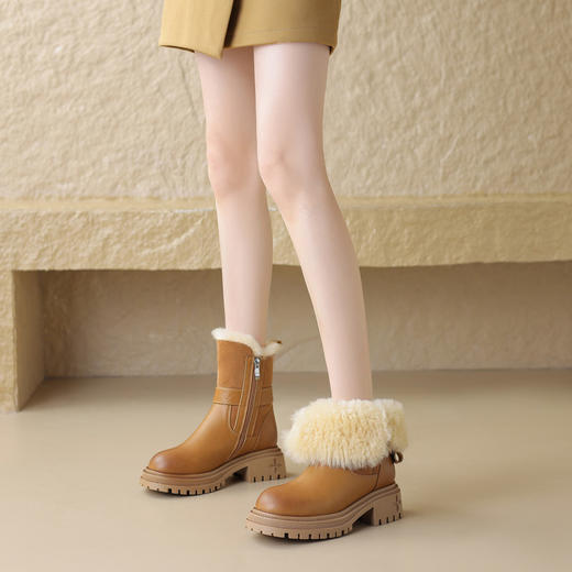 【预售5天】真皮圆头松糕底冬季皮毛一体舒适毛毛靴短筒时尚雪地靴YMT&A680 商品图0