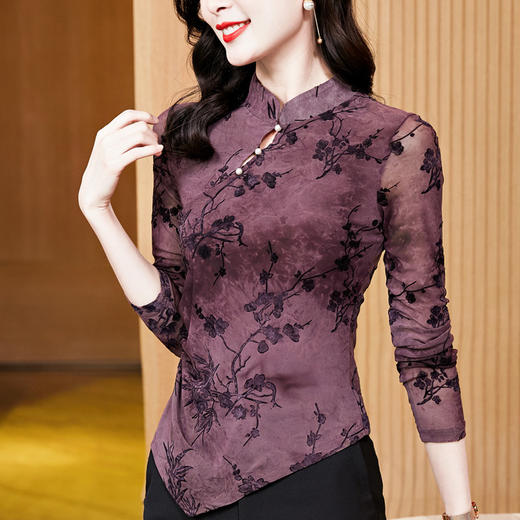 中式气质百搭植绒长袖网纱打底衫修身显瘦K-E37M2938 商品图0